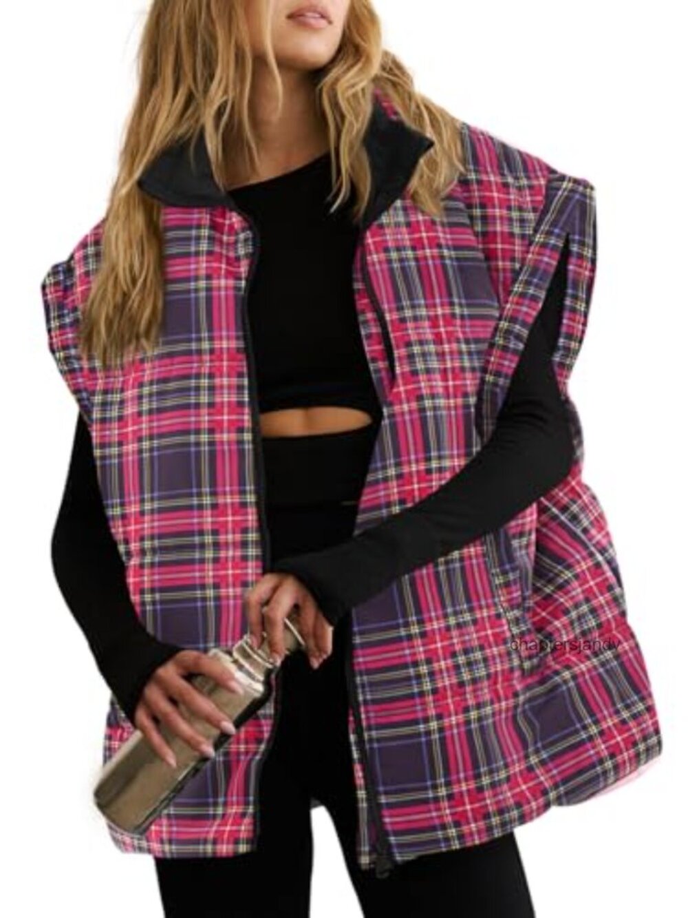 Women's Oversized Plaid Puffer Vest Quilted Zip-Up Warm Layering